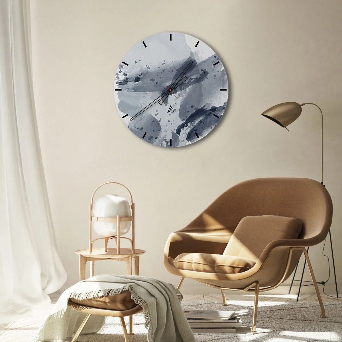 Reloj de pared - Reloj de vidrio - Manchas de estilo acuarela de color azul grisáceo sobre un fondo claro - 30x30cm - Un estudio sobre la naturaleza del agua - Decoración de pared moderna para salón, cocina y dormitorio ARTTOR