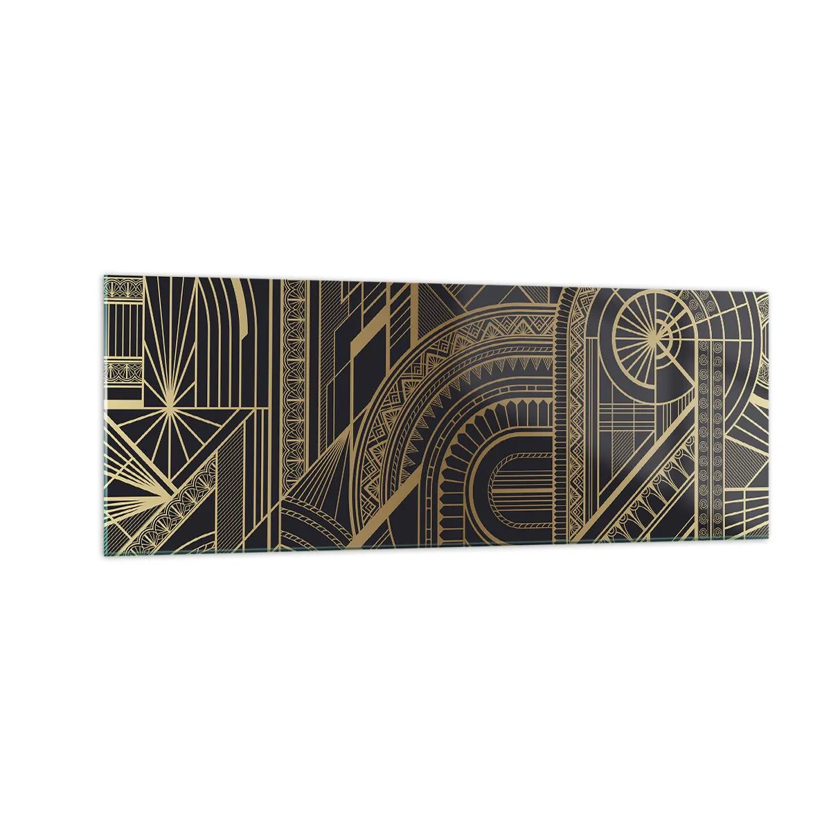 Cuadro sobre vidrio - Impresiones sobre Vidrio - Patrones geométricos dorados sobre fondo negro en estilo Art Déco - 140x50cm - Conceptos, ideas, planes - Decoración de pared moderna para salón y dormitorio ARTTOR