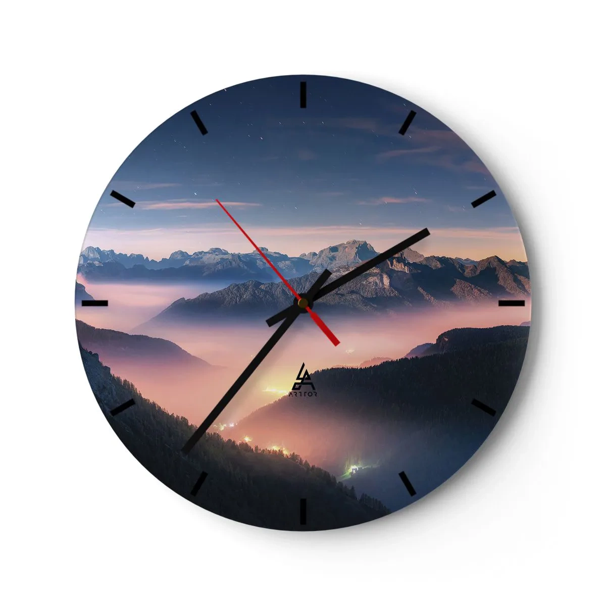 Reloj de pared - Reloj de vidrio - Puesta de sol sobre las montañas con el valle envuelto en niebla y luces. - 30x30cm - Luz en los valles - Decoración de pared moderna para salón, cocina y dormitorio ARTTOR