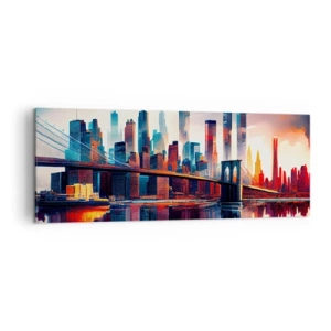Cuadro sobre lienzo - Impresión de Imagen - Panorama de la ciudad de Nueva York con puente y reflejo en el agua - 140x50cm - Nueva York siempre luce - Decoración de pared moderna para salón y dormitorio ARTTOR