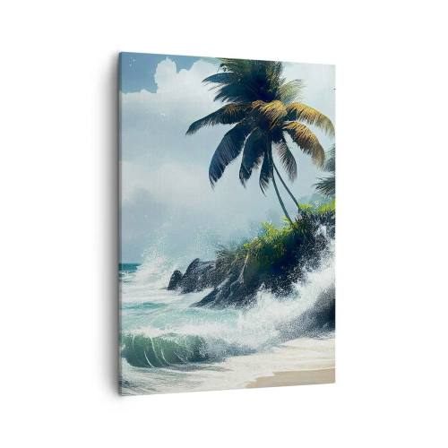 Cuadro sobre lienzo - Impresión de Imagen - Costa tropical con palmeras y mar agitado. - 50x70cm - En una costa tropical - Decoración de pared moderna para salón y dormitorio ARTTOR
