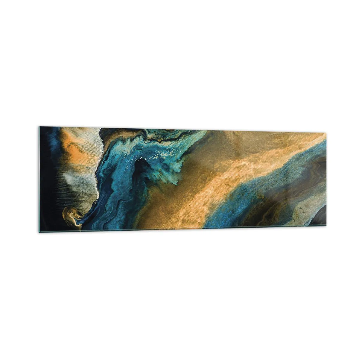 Cuadro sobre vidrio - Impresiones sobre Vidrio - Ondas abstractas en tonos dorados y azules. - 160x50cm - Azul - amarillo - influencia mutua - Decoración de pared moderna para salón y dormitorio ARTTOR