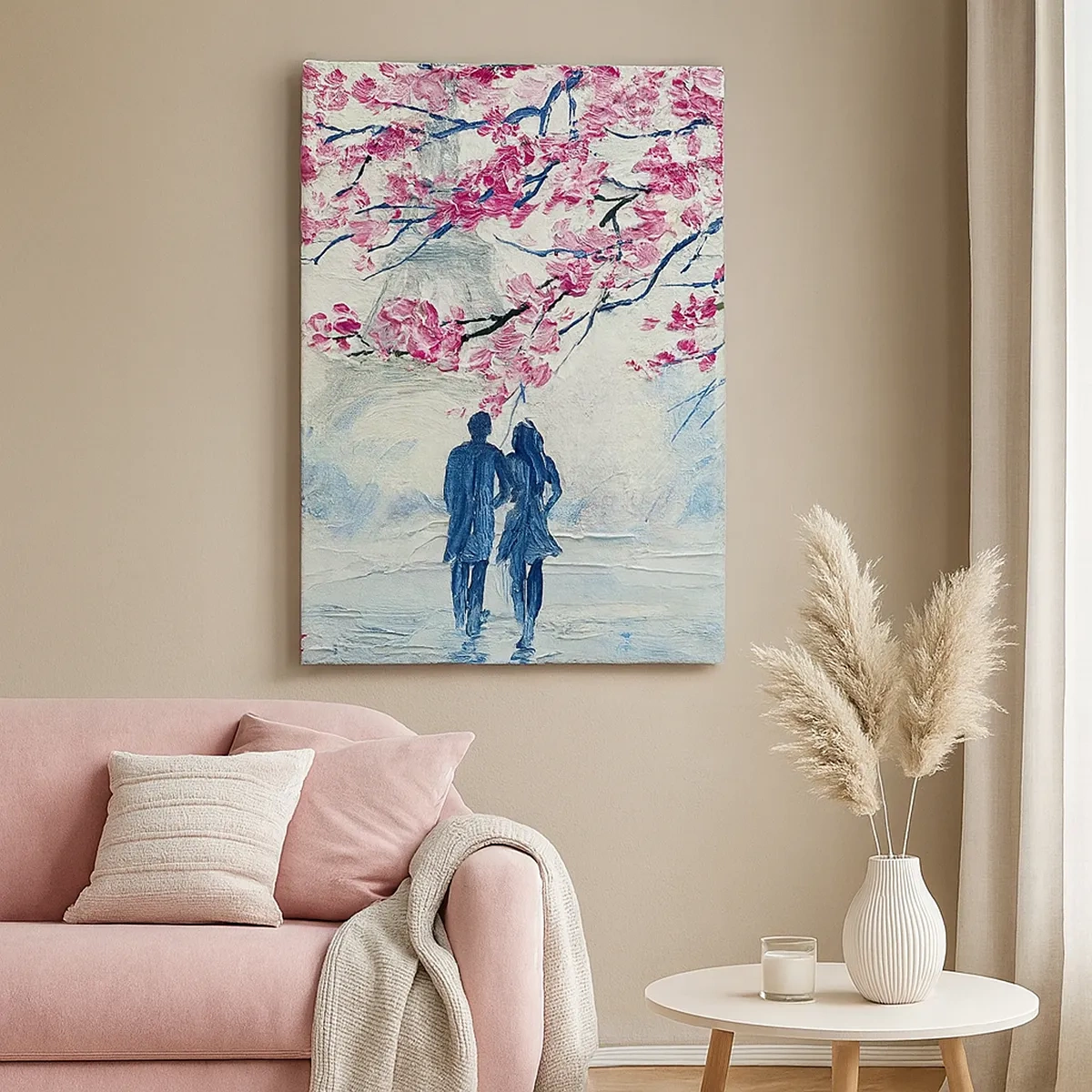 Cuadro sobre lienzo - Impresión de Imagen - Una pareja bajo árboles rosados en flor en un entorno romántico. - 50x70cm - Un paseo romántico - Decoración de pared moderna para salón y dormitorio ARTTOR