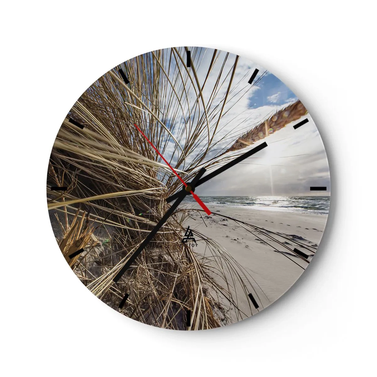 Reloj de pared - Reloj de vidrio - Paisaje de playa con vista al mar a través de la hierba. - 30x30cm - Una reunión de los elementos - Decoración de pared moderna para salón, cocina y dormitorio ARTTOR