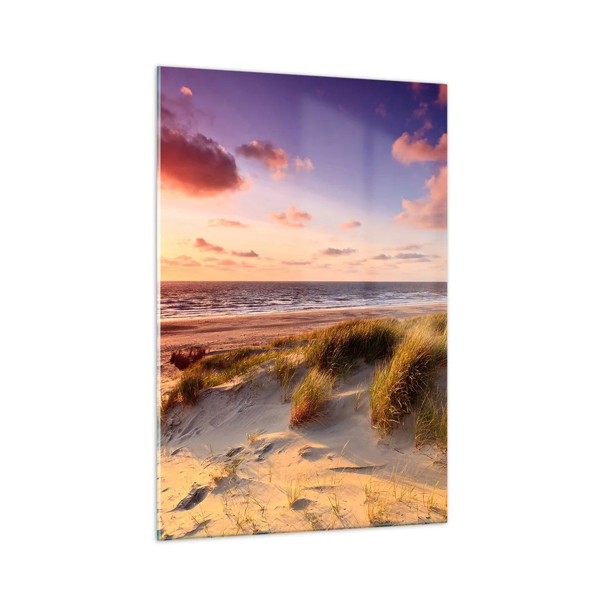 Cuadro sobre vidrio - Impresiones sobre Vidrio - Una playa cubierta de hierba y una puesta de sol sobre un mar en calma. - 70x100cm - Se siente la brisa veraniega - Decoración de pared moderna para salón y dormitorio ARTTOR
