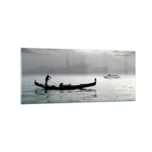 Cuadro sobre vidrio - Impresiones sobre Vidrio - Una góndola se desliza por las aguas de Venecia en una mañana brumosa, con vistas a la ciudad. - 120x50cm - Una fabulosa ciudad de agua y niebla - Decoración de pared moderna para salón y dormitorio ARTTOR