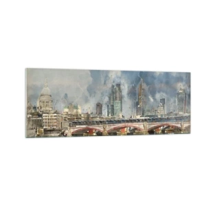 Cuadro sobre vidrio - Impresiones sobre Vidrio - Vista en acuarela del puente y el horizonte de la ciudad. - 140x50cm - Londres en todo su esplendor - Decoración de pared moderna para salón y dormitorio ARTTOR
