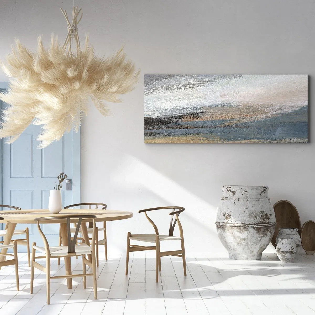 Cuadro sobre lienzo - Impresión de Imagen - Paisaje abstracto en tonos tenues de azul y beige. - 120x50cm - Abstracción: paisaje nórdico - Decoración de pared moderna para salón y dormitorio ARTTOR