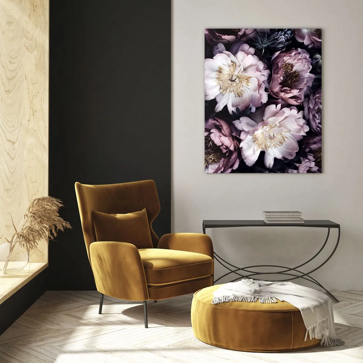 Cuadro sobre vidrio - Impresiones sobre Vidrio - Un romántico ramo de peonías en tonos púrpuras y rosas apagados. - 50x70cm - Un ramo a la antigua usanza - Decoración de pared moderna para salón y dormitorio ARTTOR