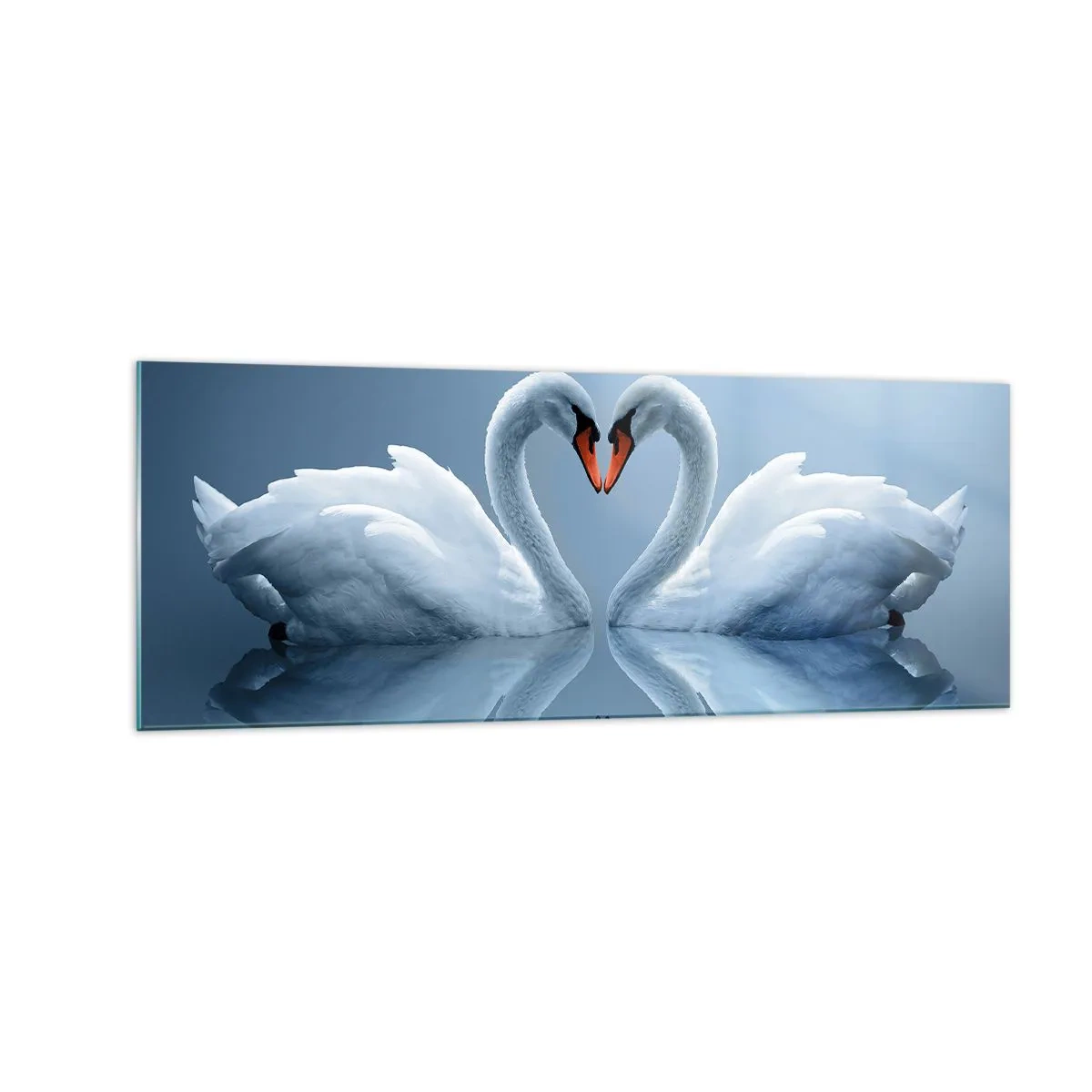 Cuadro sobre vidrio - Impresiones sobre Vidrio - Dos cisnes formando un corazón en una superficie tranquila del agua. - 140x50cm - Tiempo de amor - Decoración de pared moderna para salón y dormitorio ARTTOR