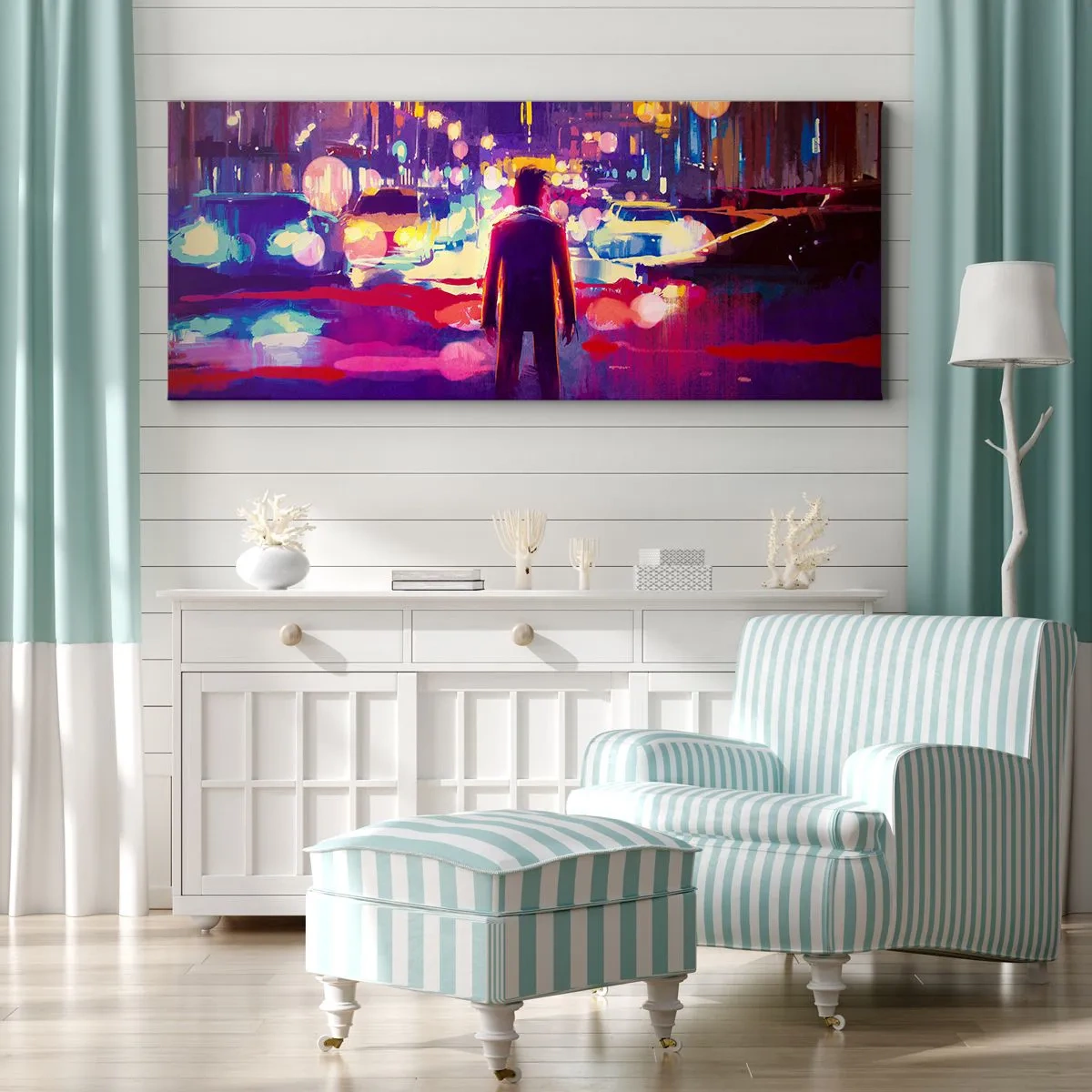 Cuadro sobre lienzo - Impresión de Imagen - Un hombre en una escena nocturna de la ciudad de neón. - 120x50cm - Inmerso en la luz - Decoración de pared moderna para salón y dormitorio ARTTOR