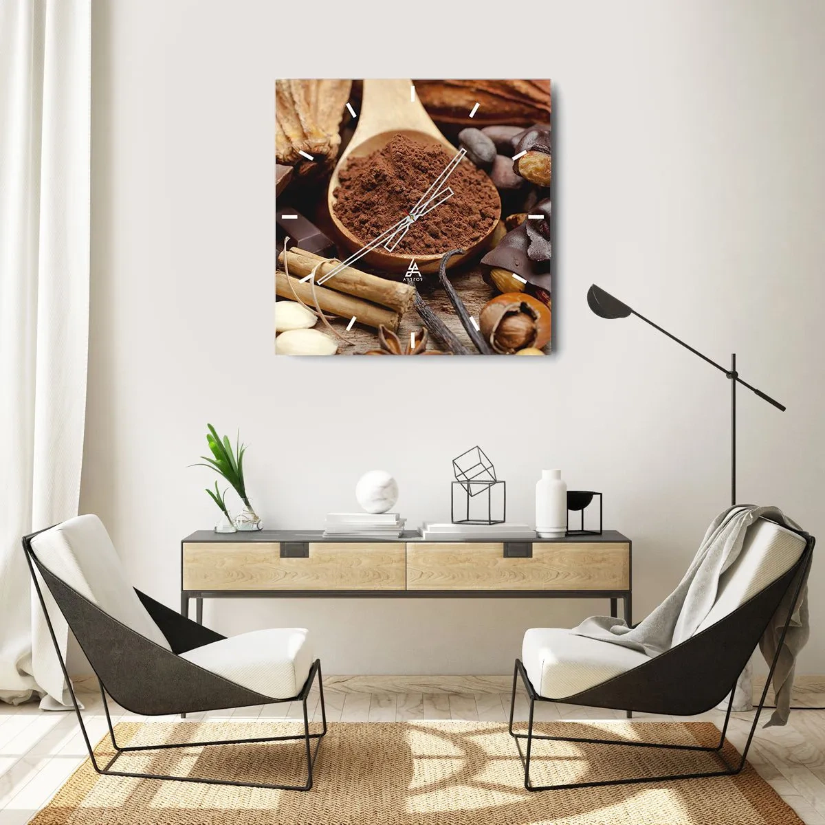 Reloj de pared - Reloj de vidrio - Una cucharada de ingredientes de cacao y chocolate en un arreglo rústico. - 30x30cm - Lo mejor para las penas - Decoración de pared moderna para salón y dormitorio ARTTOR