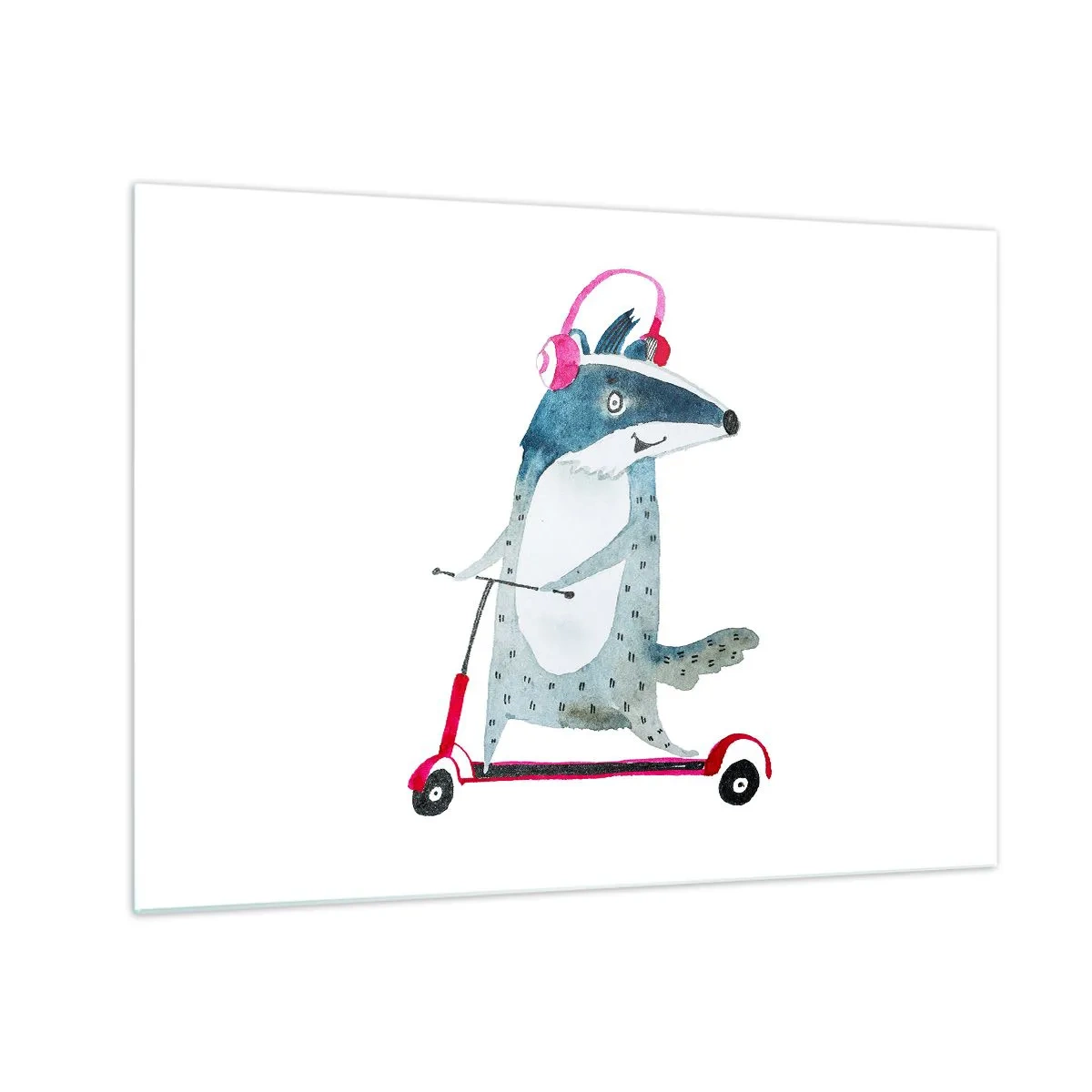 Cuadro sobre vidrio - Impresiones sobre Vidrio - Tejón con auriculares en un scooter de acuarela - 70x50cm - Alegrías de tejón - Decoración de pared moderna para salón y dormitorio ARTTOR