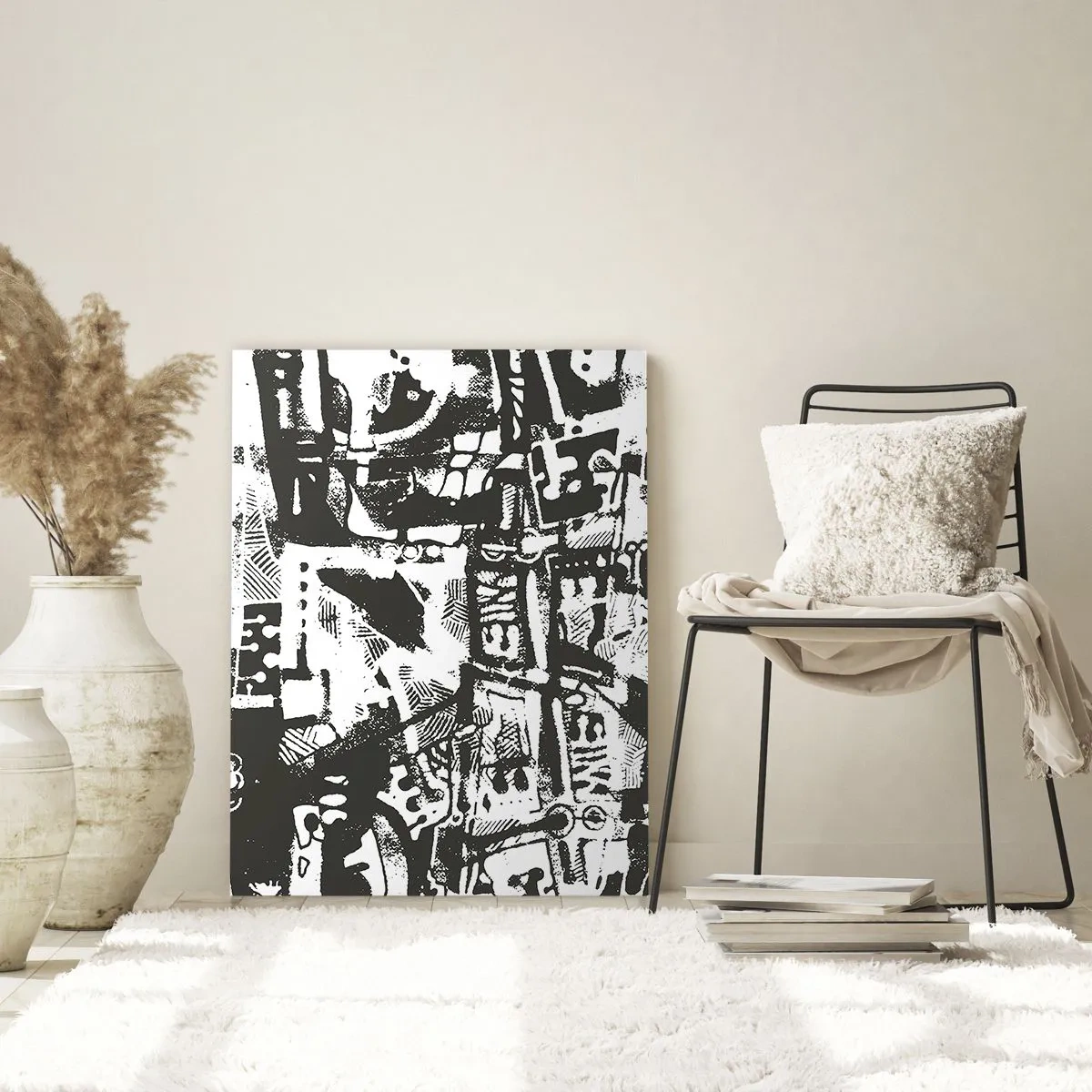 Cuadro sobre vidrio - Impresiones sobre Vidrio - Abstracción en blanco y negro con motivos geométricos y técnicos. - 50x70cm - ¿Orden o caos? - Decoración de pared moderna para salón y dormitorio ARTTOR