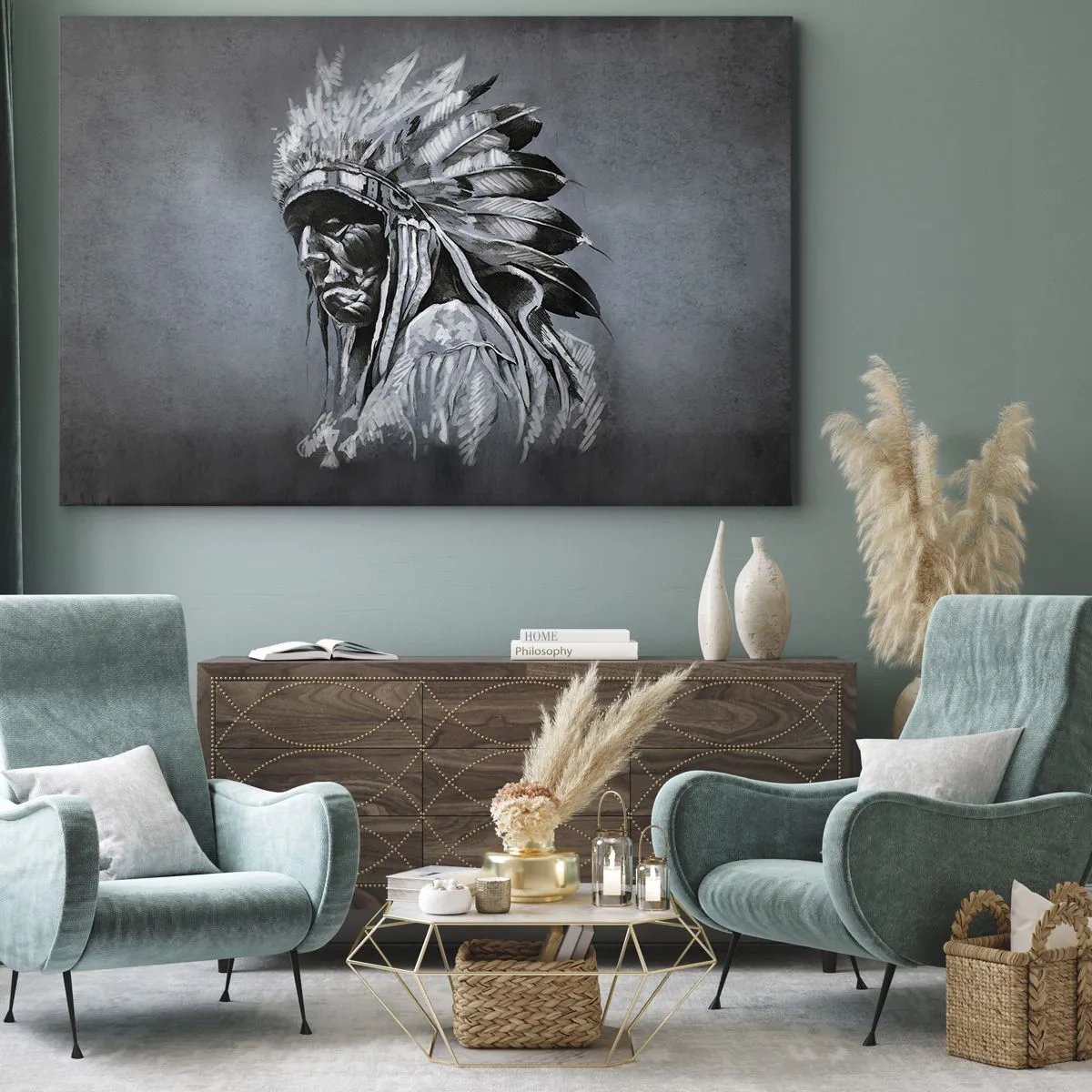 Cuadro sobre lienzo - Impresión de Imagen - Retrato de un jefe indio con un tocado tradicional - 70x50cm - Regreso a las raíces - Decoración de pared moderna para salón y dormitorio ARTTOR