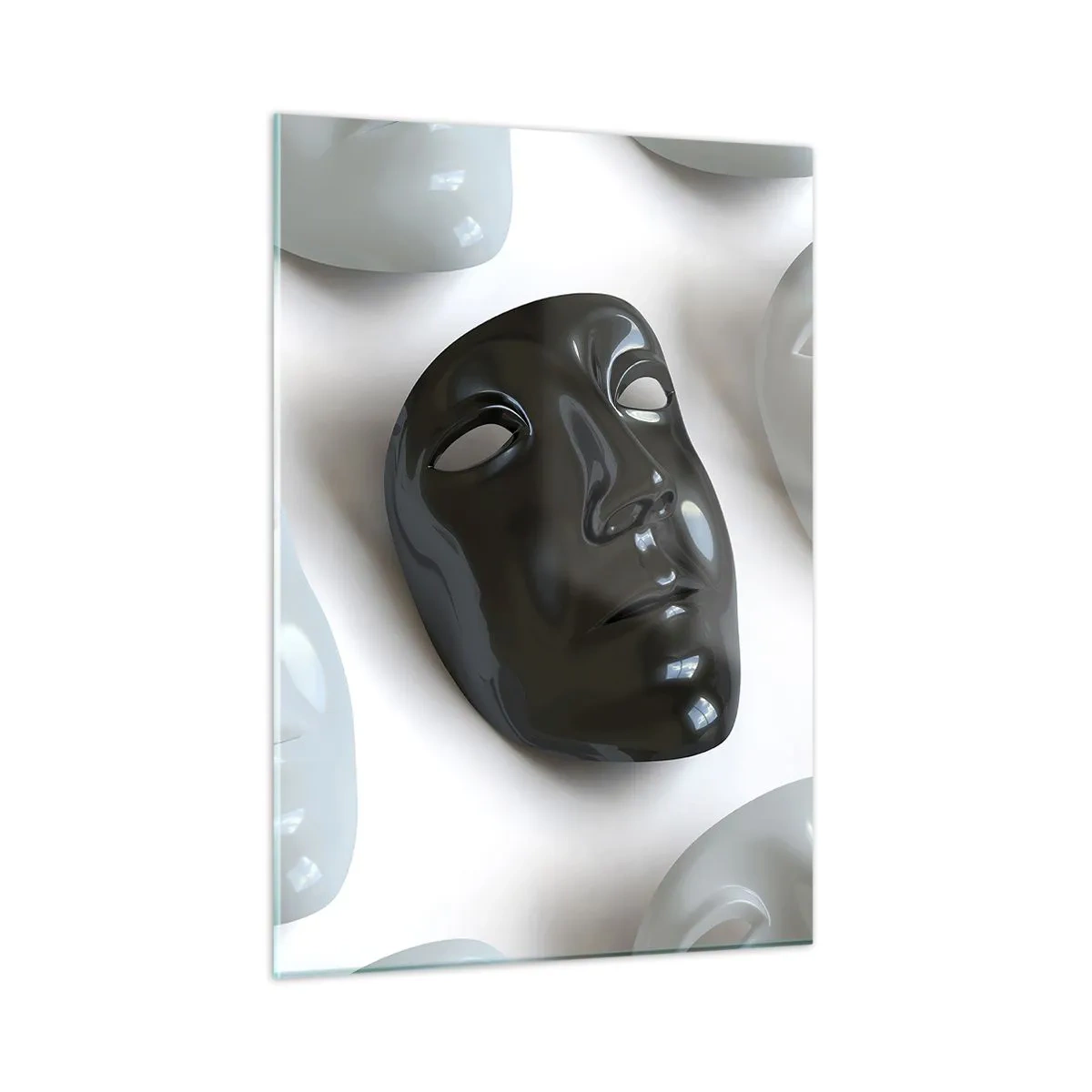 Cuadro sobre vidrio - Impresiones sobre Vidrio - Una máscara en blanco y negro sobre un fondo de máscaras blancas sobre un fondo claro. - 50x70cm - ¿Cómo destacar? - Decoración de pared moderna para salón y dormitorio ARTTOR