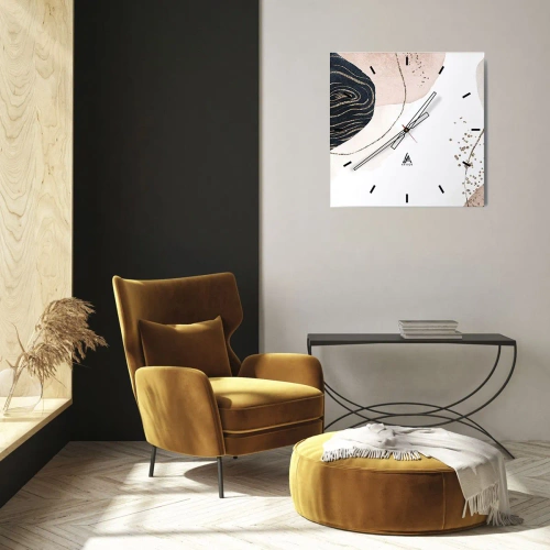 Reloj de pared - Reloj de vidrio - Formas abstractas en tonos beige y azul marino con detalles dorados. - 30x30cm - Todo fluye - Decoración de pared moderna para salón y dormitorio ARTTOR