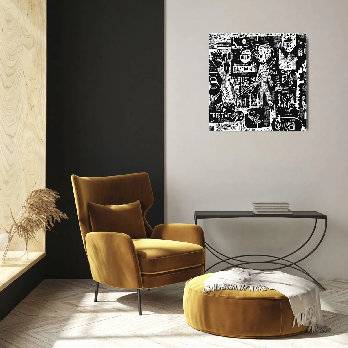 Reloj de pared - Reloj de vidrio - Collage en blanco y negro inspirado en el arte callejero - 30x30cm - La juventud espiritual de la ley y la alegría - Decoración de pared moderna para salón y dormitorio ARTTOR