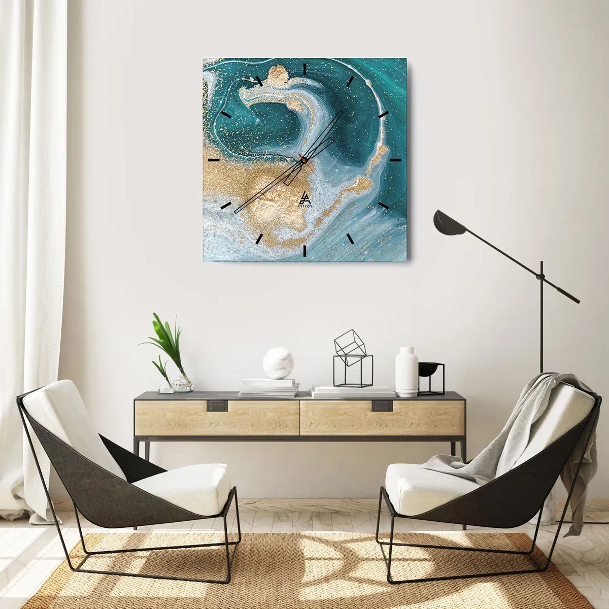 Reloj de pared - Reloj de vidrio - Remolino abstracto en tonos turquesa y dorado - 30x30cm - Un remolino de oro y turquesa - Decoración de pared moderna para salón y dormitorio ARTTOR