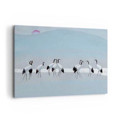 Cuadro sobre lienzo - Impresión de Imagen - Un grupo de grullas contra un cielo azul y el sol naciente. - 120x80cm - Después de un día caluroso - Decoración de pared moderna para salón y dormitorio ARTTOR