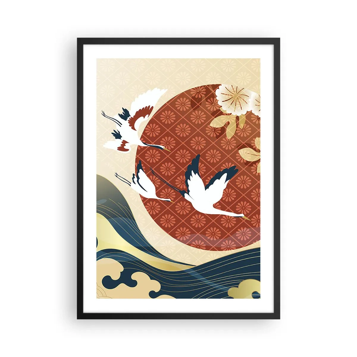 Póster en marco negro - Composición japonesa con grullas, olas y un círculo rojo. - 50x70cm - Un cuento de hadas japonés - Decoración de pared moderna para salón y dormitorio ARTTOR