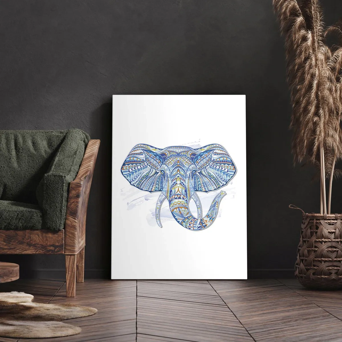 Cuadro sobre lienzo - Impresión de Imagen - Elefante geométrico en tonos azules y dorados. - 50x70cm - Con incrustaciones de oro y azul - Decoración de pared moderna para salón y dormitorio ARTTOR