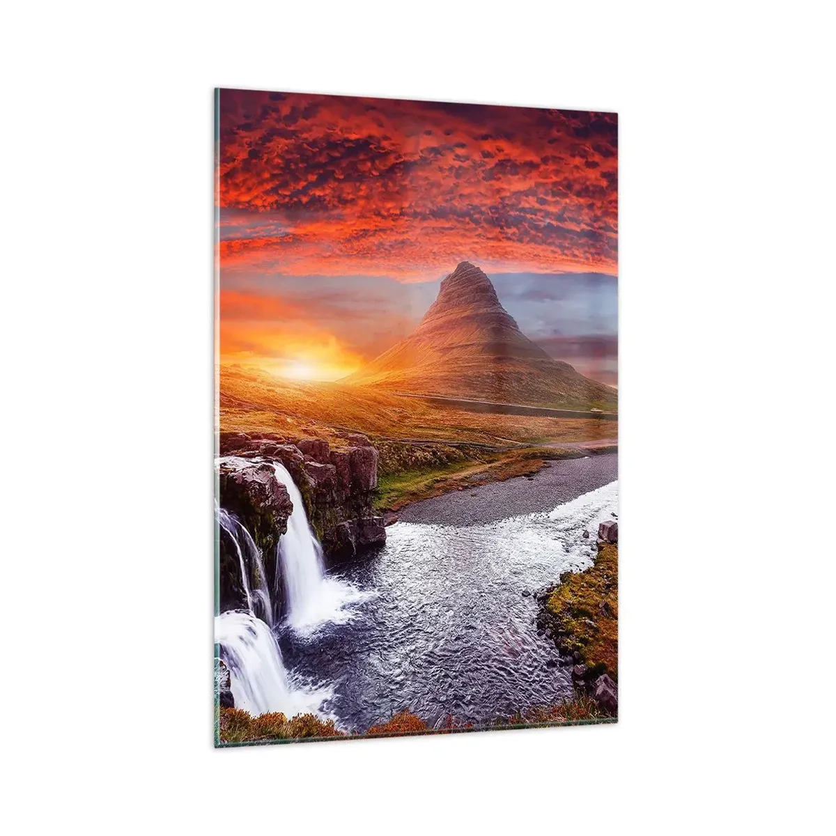 Cuadro sobre vidrio - Impresiones sobre Vidrio - Paisaje de montaña con cascada al atardecer. - 80x120cm - Una vista de la Tierra Media - Decoración de pared moderna para salón y dormitorio ARTTOR