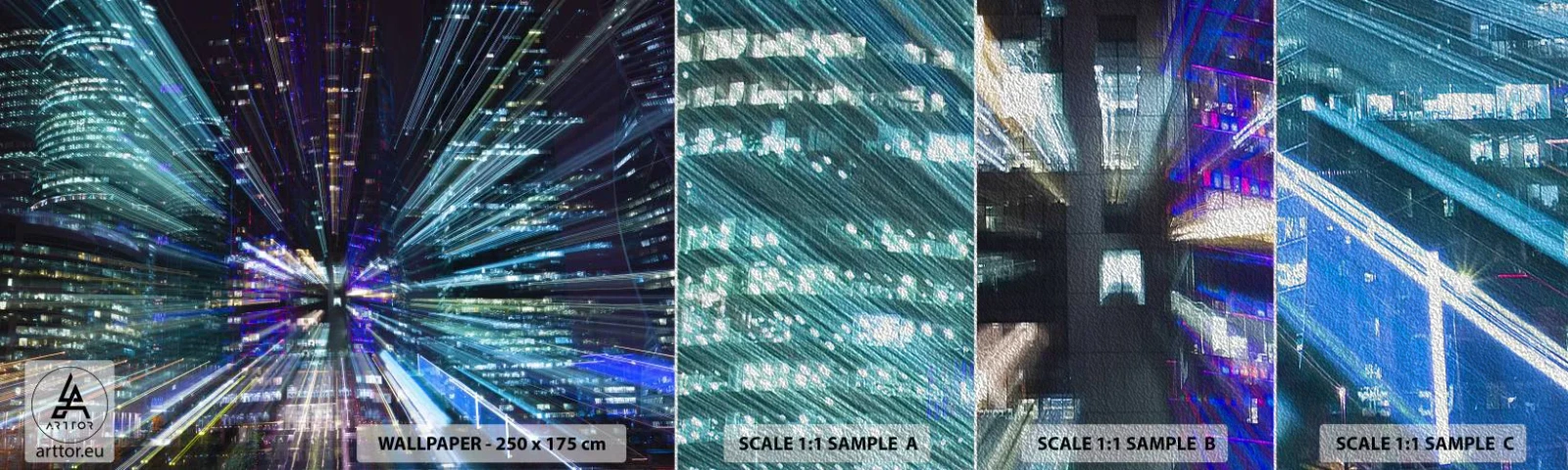 Muestra de fotomural Premium Sand - Cruzando el hiperespacio - Abstracción, Ciudad, Gráficos - 100x30 cm