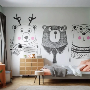 Fotomural Premium Sand - Tres osos divertidos en estilo minimalista. - 100x70cm - Tres osos - Decoración de pared moderna para salón y dormitorio ARTTOR