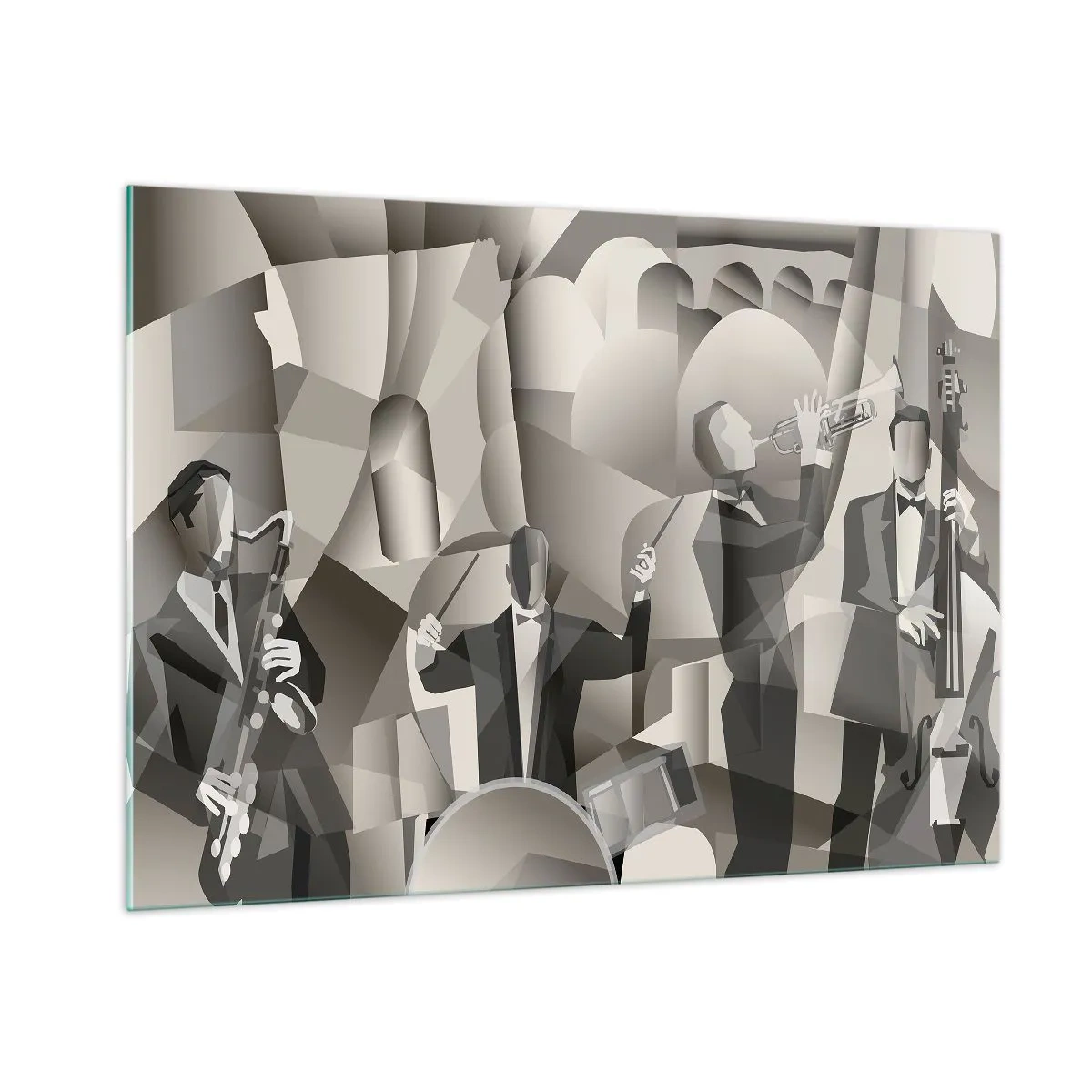 Cuadro sobre vidrio - Impresiones sobre Vidrio - Escenario de banda de jazz estilizado en tonos monocromáticos. - 100x70cm - En el espacio de los sonidos - Decoración de pared moderna para salón y dormitorio ARTTOR