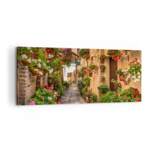Cuadro sobre lienzo - Impresión de Imagen - Una calle encantadora llena de flores y macetas. - 120x50cm - Callejón italiano - Decoración de pared moderna para salón y dormitorio ARTTOR