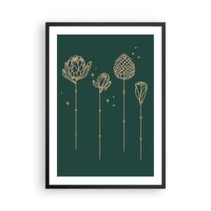 Póster en marco negro - Contornos dorados de flores sobre un fondo verde oscuro. - 50x70cm - La familia vegetal - Decoración de pared moderna para salón y dormitorio ARTTOR