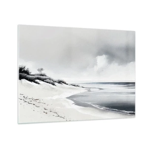 Cuadro sobre vidrio - Impresiones sobre Vidrio - Playa blanca y negra con horizonte y mar en calma. - 70x50cm - Juntos desde el principio de los tiempos - Decoración de pared moderna para salón y dormitorio ARTTOR