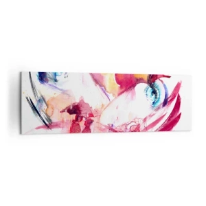 Cuadro sobre lienzo - Impresión de Imagen - Un rostro abstracto con ojos expresivos y acentos rojos. - 160x50cm - En la cercanía el mundo florece - Decoración de pared moderna para salón y dormitorio ARTTOR