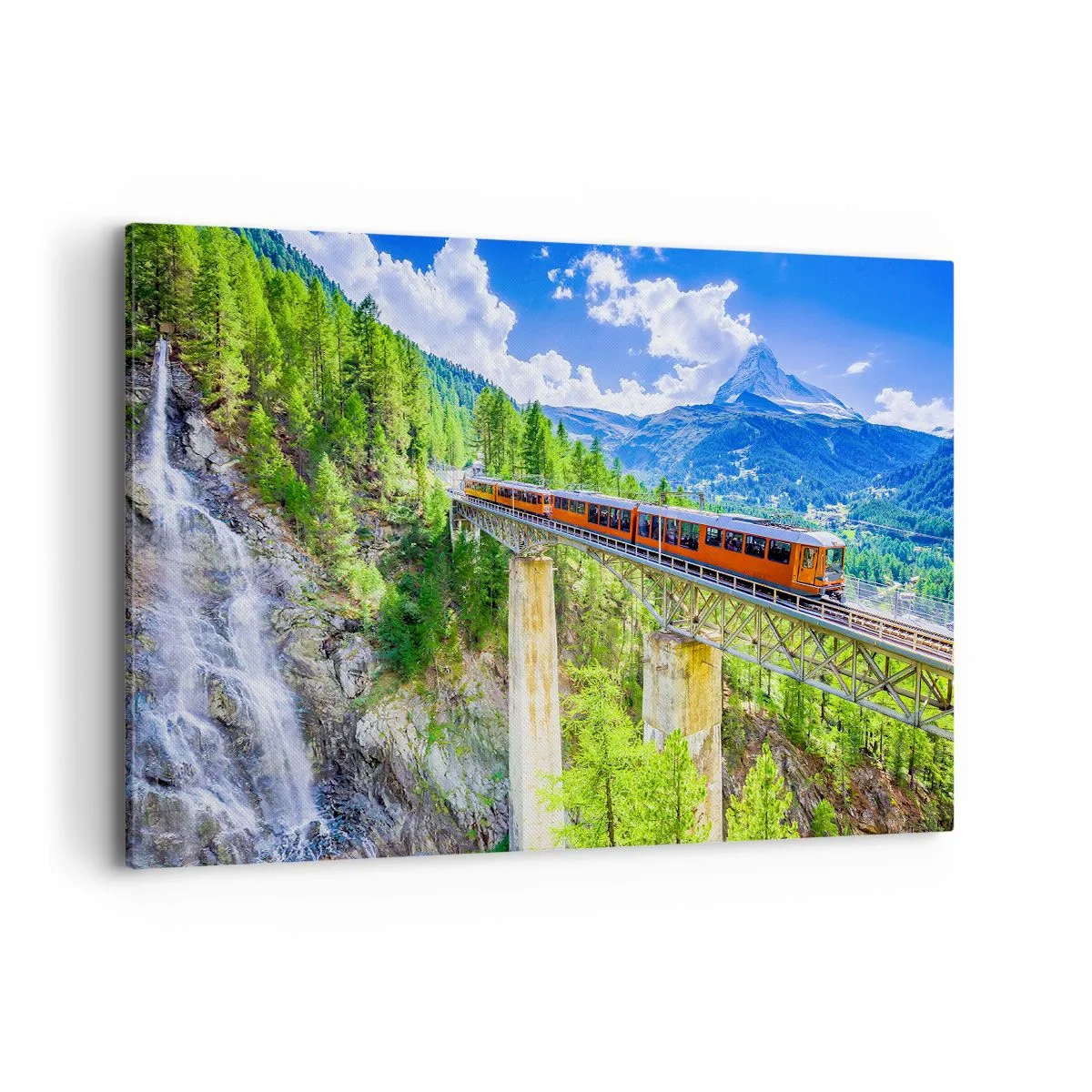 Cuadro sobre lienzo - Impresión de Imagen - Una montaña rusa en un puente con vistas a una cascada y montañas. - 100x70cm - Ferrocarril a los Alpes - Decoración de pared moderna para salón y dormitorio ARTTOR