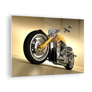 Cuadro sobre vidrio - Impresiones sobre Vidrio - Una motocicleta personalizada dorada sobre un fondo claro. - 70x50cm - Un sueño de fuerza y velocidad - Decoración de pared moderna para salón y dormitorio ARTTOR