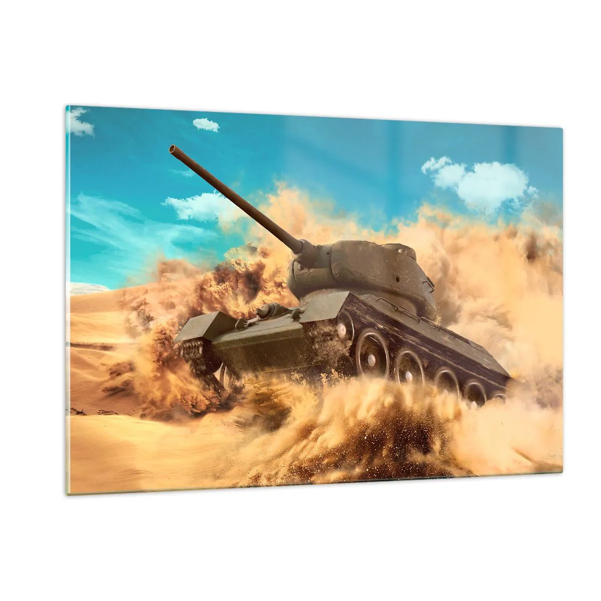 Cuadro sobre vidrio - Impresiones sobre Vidrio - Un tanque en movimiento en un desierto con polvo volando y un cielo brillante. - 120x80cm - Inmejorable - Decoración de pared moderna para salón y dormitorio ARTTOR