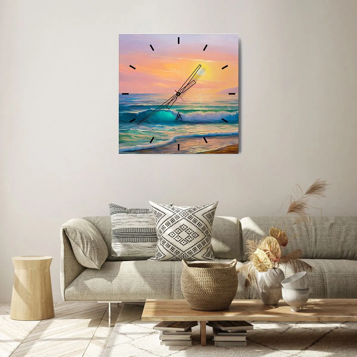 Reloj de pared - Reloj de vidrio - Paisaje marino con puesta de sol - 30x30cm - El canto turquesa de las olas - Decoración de pared moderna para salón y dormitorio ARTTOR