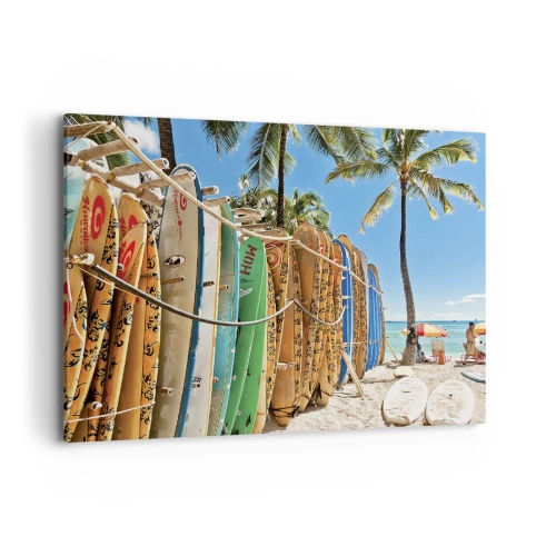 Cuadro sobre lienzo - Impresión de Imagen - Tablas de surf en una playa con palmeras - 100x70cm - Diversión soleada - Decoración de pared moderna para salón y dormitorio ARTTOR