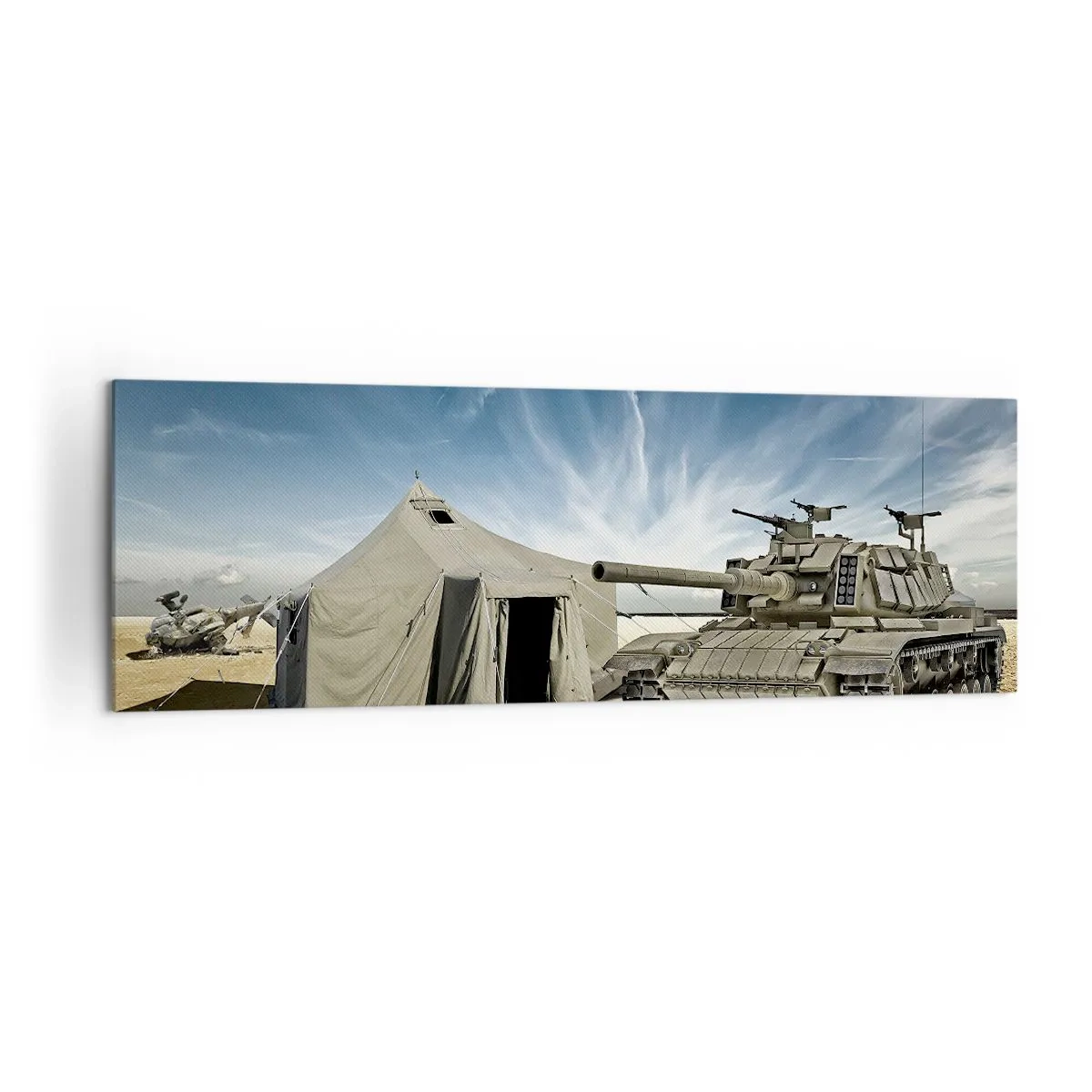 Cuadro sobre lienzo - Impresión de Imagen - Un tanque junto a una tienda militar en una zona desértica. - 160x50cm - Campaña militar - Decoración de pared moderna para salón y dormitorio ARTTOR
