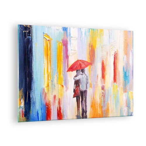 Cuadro sobre vidrio - Impresiones sobre Vidrio - Una pareja sosteniendo un paraguas rojo bajo la lluvia contra una calle colorida. - 70x50cm - Que siga lloviendo - Decoración de pared moderna para salón y dormitorio ARTTOR