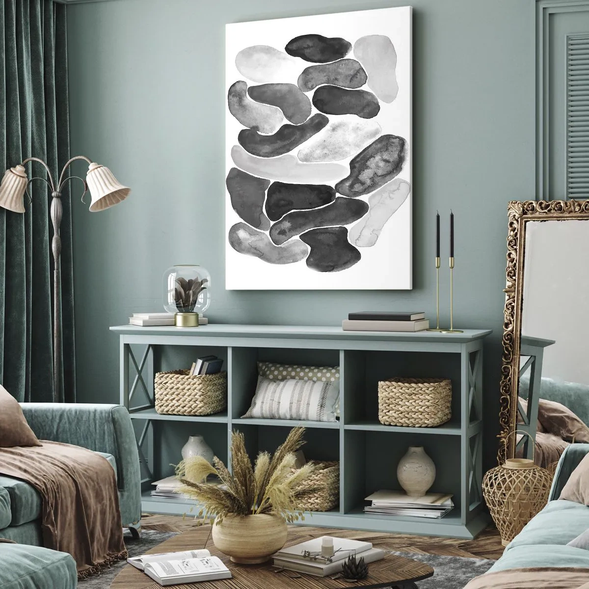 Cuadro sobre lienzo - Impresión de Imagen - Abstracción en blanco y negro con manchas irregulares sobre un fondo blanco. - 70x100cm - Abstracción pétrea - Decoración de pared moderna para salón y dormitorio ARTTOR