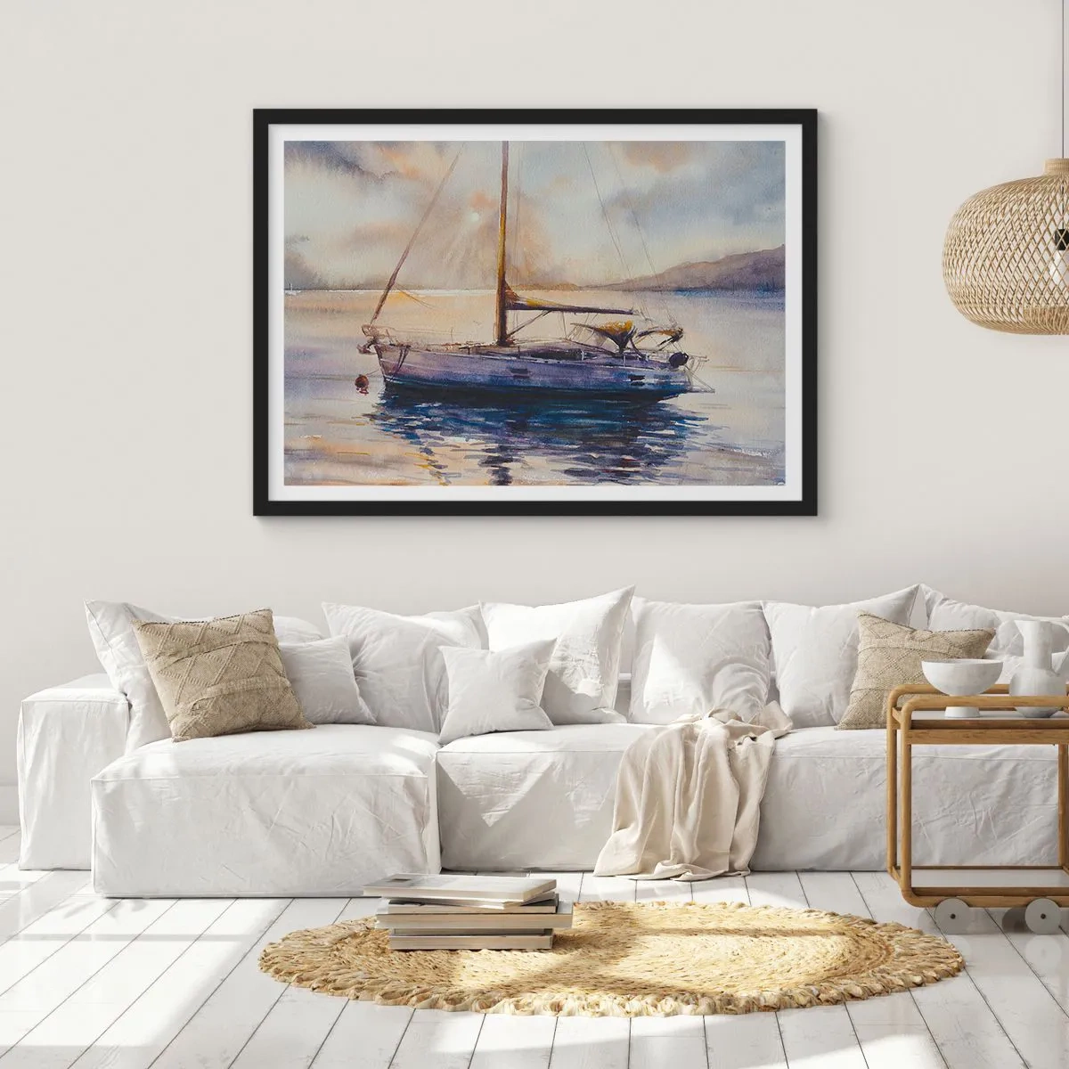 Póster en marco negro - Un yate en un mar tranquilo al atardecer. - 70x50cm - Atardecer en la bahía - Decoración de pared moderna para salón y dormitorio ARTTOR
