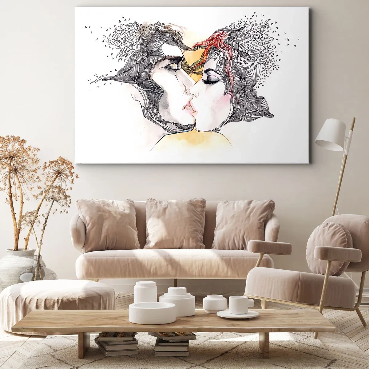 Cuadro sobre lienzo - Impresión de Imagen - Retrato artístico de una pareja con motivos abstractos en el cabello. - 70x50cm - El mundo no importa - Decoración de pared moderna para salón y dormitorio ARTTOR