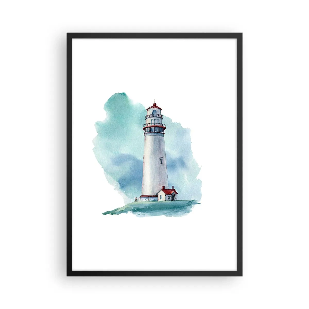 Póster en marco negro - Una ilustración pictórica de un faro rodeado de un cielo azul. - 50x70cm - Gentil hermana del azul - Decoración de pared moderna para salón y dormitorio ARTTOR