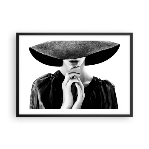 Póster en marco negro - Mujer elegante con un gran sombrero en tonos blanco y negro. - 70x50cm - Belleza oculta - Decoración de pared moderna para salón y dormitorio ARTTOR