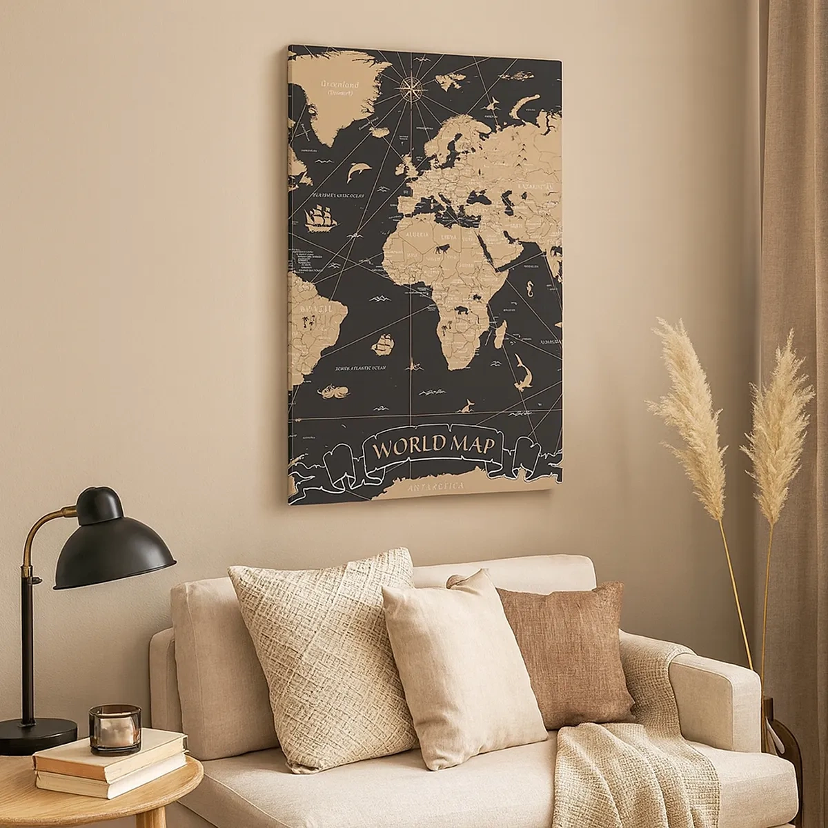 Cuadro sobre lienzo - Impresión de Imagen - Un mapa del mundo estilizado sobre un fondo negro con acentos beige. - 50x70cm - Las fronteras de mi mundo - Decoración de pared moderna para salón y dormitorio ARTTOR