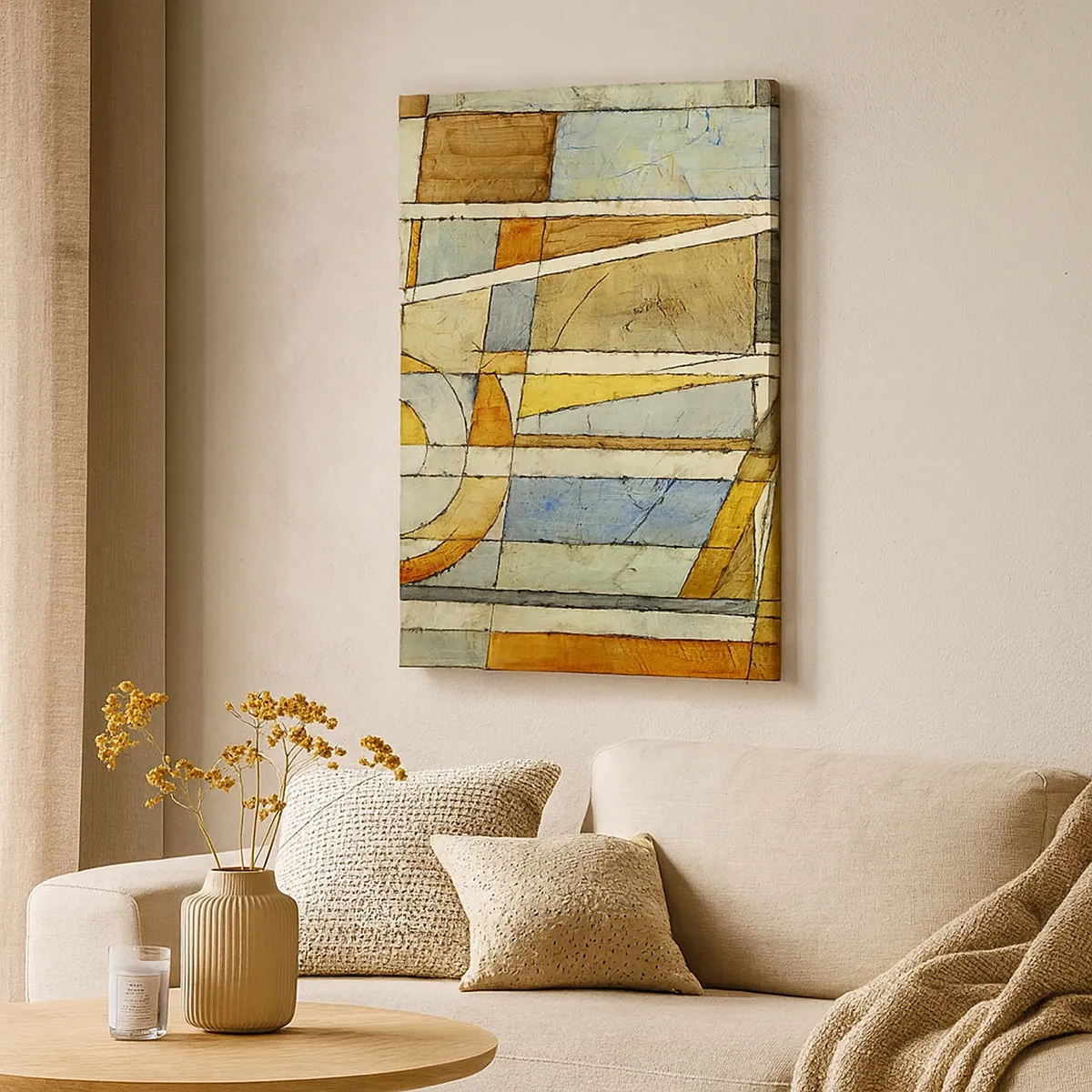 Cuadro sobre lienzo - Impresión de Imagen - Abstracción geométrica en tonos beige, azul y naranja. - 50x70cm - Cubismo en una obra - Decoración de pared moderna para salón y dormitorio ARTTOR