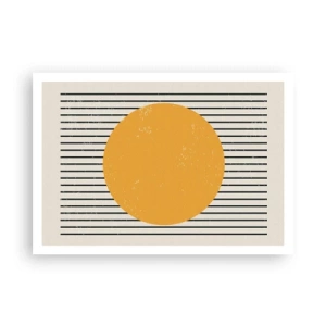 Póster - Un círculo amarillo sobre un fondo de líneas horizontales blancas y negras. - 100x70cm - El poder de la sencillez - Decoración de pared moderna para salón y dormitorio ARTTOR