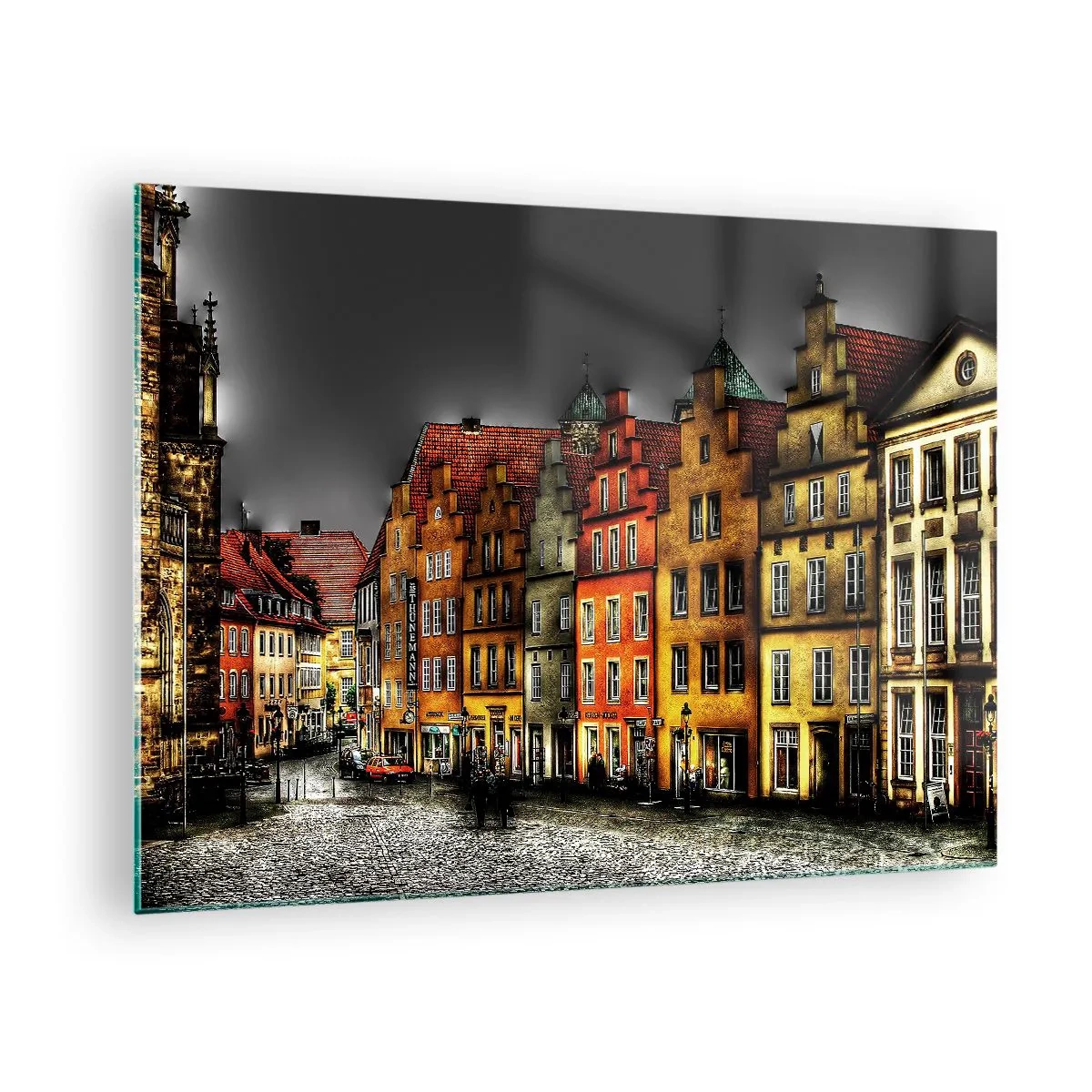 Cuadro sobre vidrio - Impresiones sobre Vidrio - Casas de vecindad coloridas contra el fondo de un cielo nublado - 70x50cm - Solo falta un carruaje encantado - Decoración de pared moderna para salón y dormitorio ARTTOR